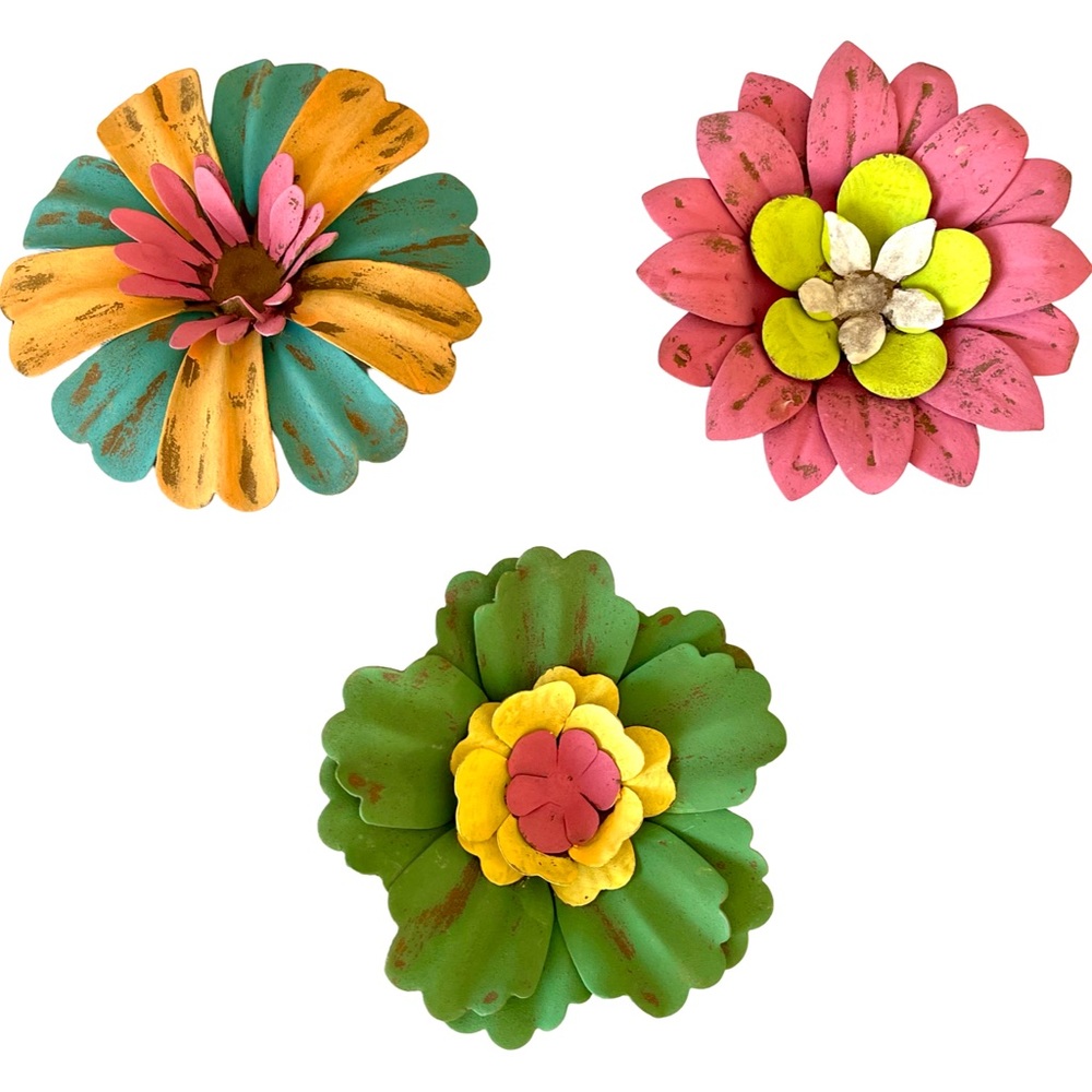 Set of Three Large 4 inch Hand Painted Metal 3D Magnetic Flowers